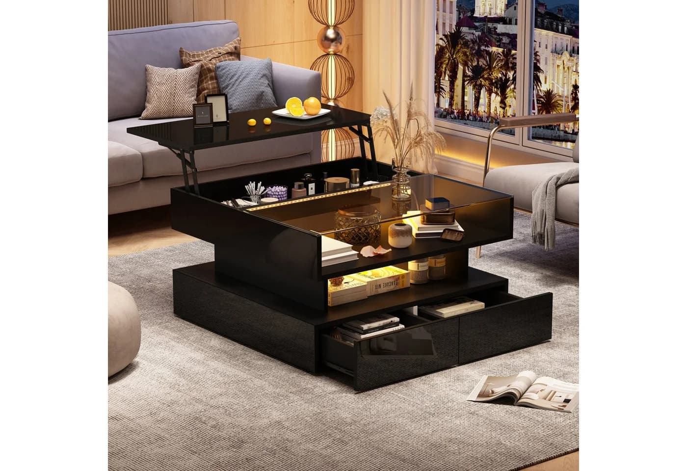 REDOM Höhenverstellbarer Couchtisch Schwarz Hochglanz mit LED & Stauraum - Bild 4
