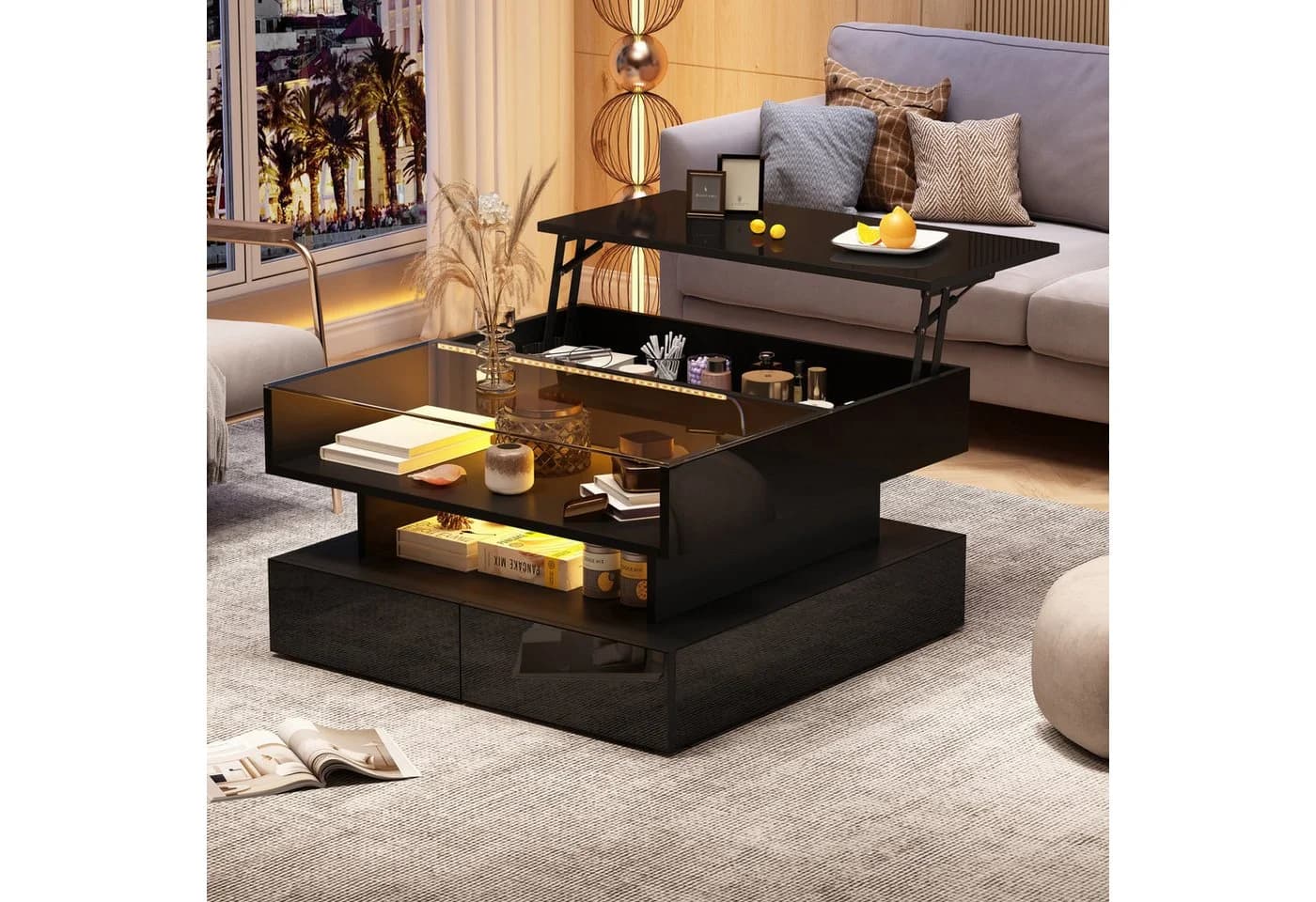 REDOM Höhenverstellbarer Couchtisch Schwarz Hochglanz mit LED & Stauraum - Bild 5