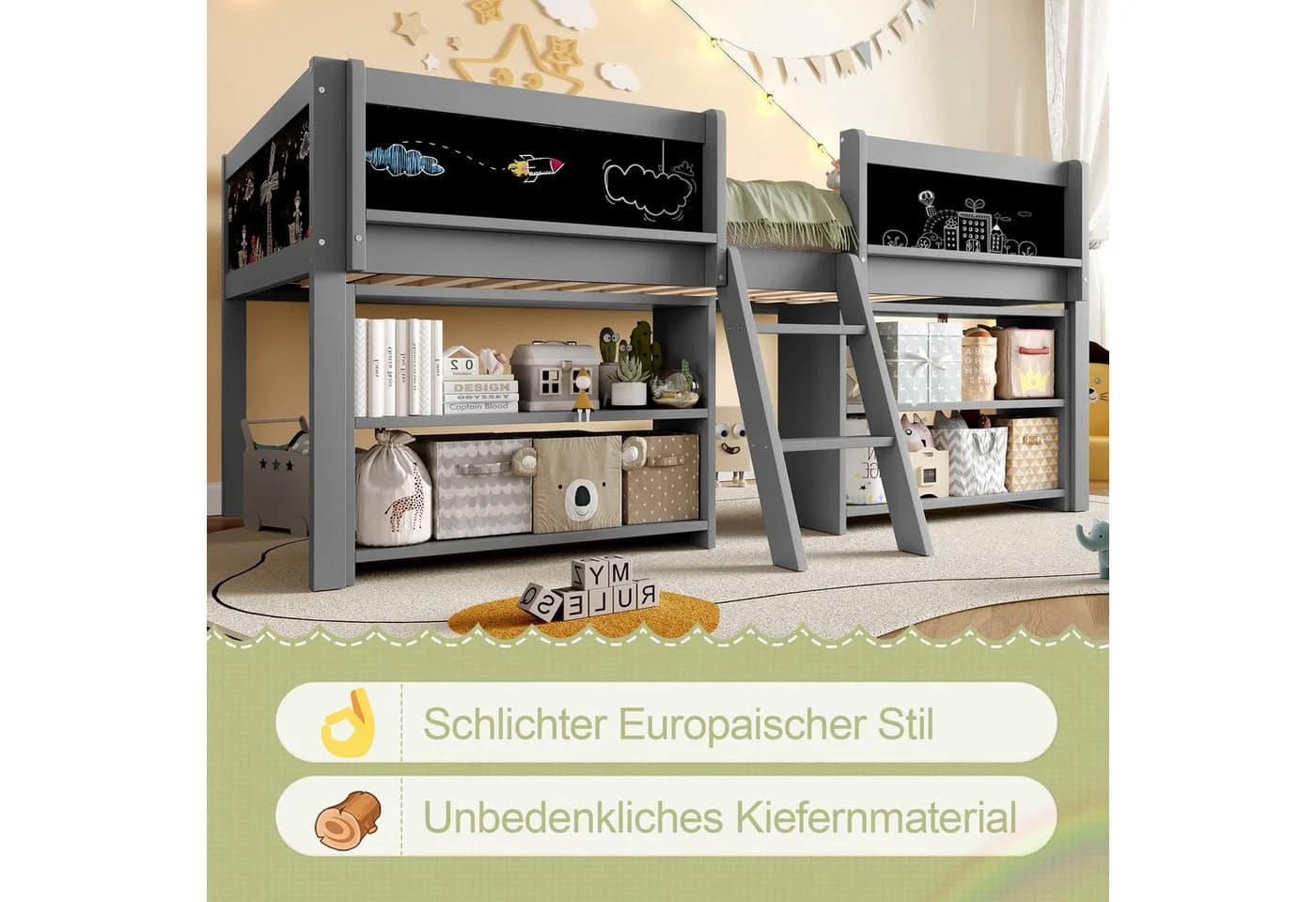 REDOM Kinderbett Stauraumbett, Halbhoch, Kiefernholz mit Aufbewahrungsfächern - Bild 3