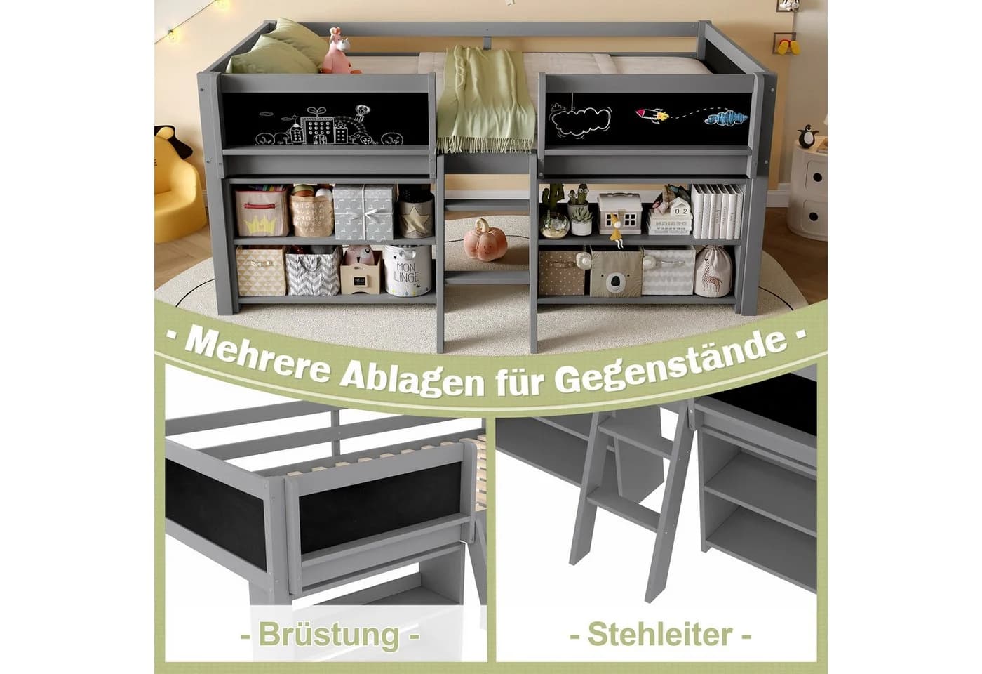 REDOM Kinderbett Stauraumbett, Halbhoch, Kiefernholz mit Aufbewahrungsfächern - Bild 4