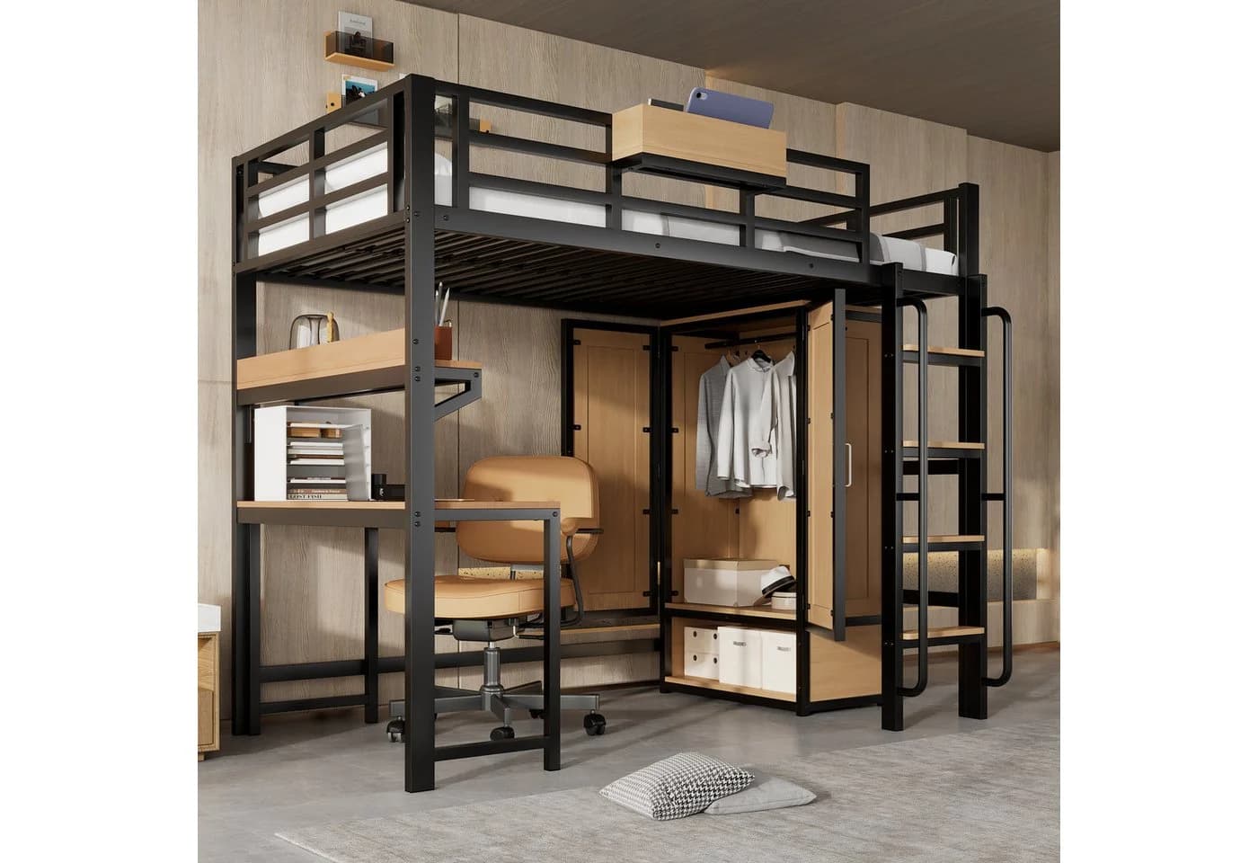 MODFU Hochbett mit Kleiderschrank und Schreibtisch Schwarz - Bild 2