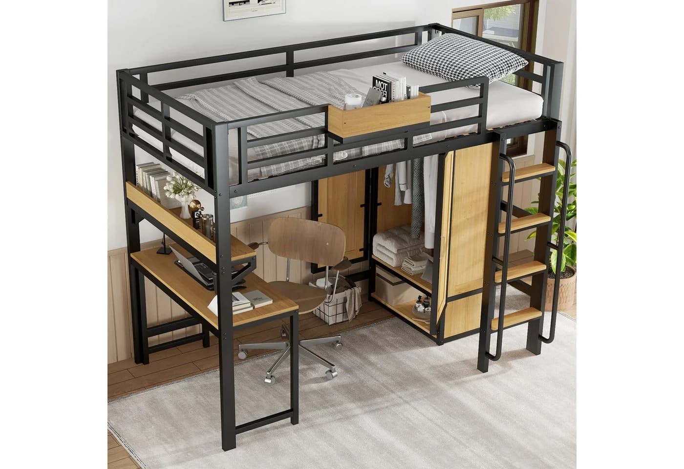 MODFU Hochbett mit Kleiderschrank und Schreibtisch Schwarz - Bild 3