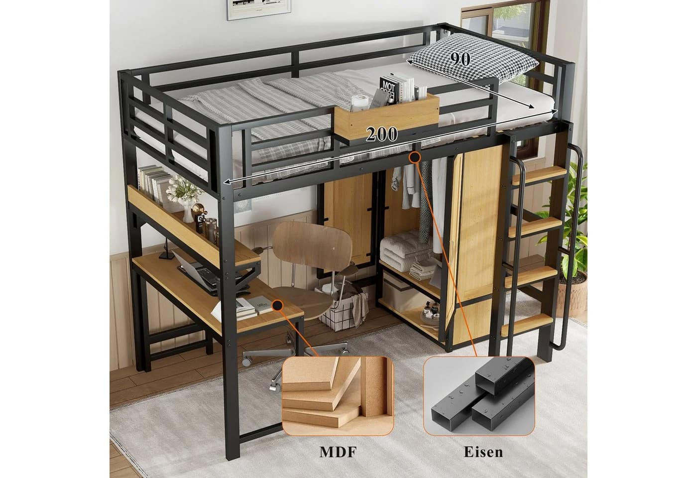 MODFU Hochbett mit Kleiderschrank und Schreibtisch Schwarz - Bild 4