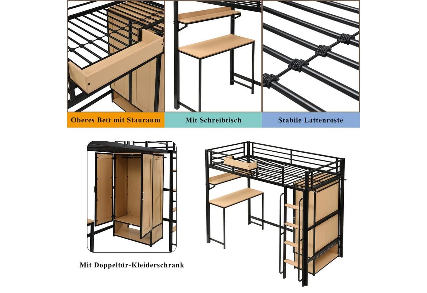 MODFU Hochbett mit Kleiderschrank und Schreibtisch Schwarz - Bild 5
