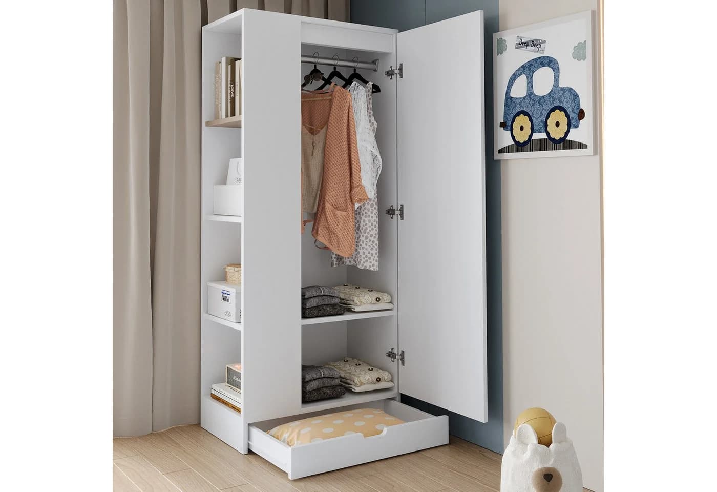 REDOM Kleiderschrank Weiß/Grau Eintürig mit Schubladen - Bild 2