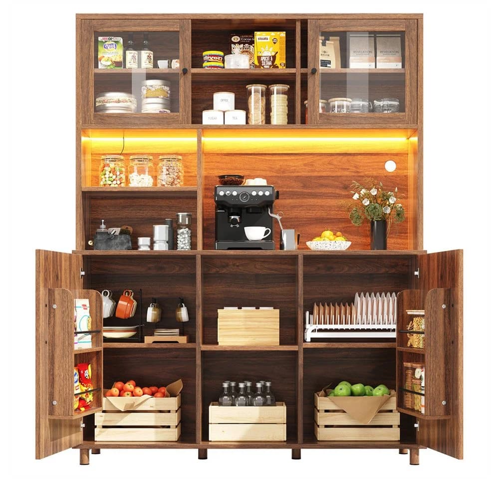 REDOM Hochschrank Standvitrine mit LED-Beleuchtung Walnuss Retro