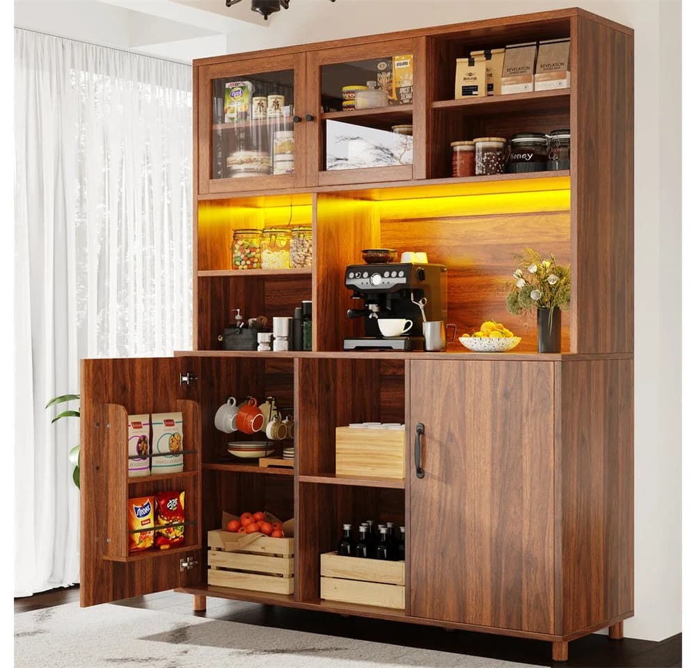 REDOM Hochschrank Standvitrine mit LED-Beleuchtung Walnuss Retro - Bild 2