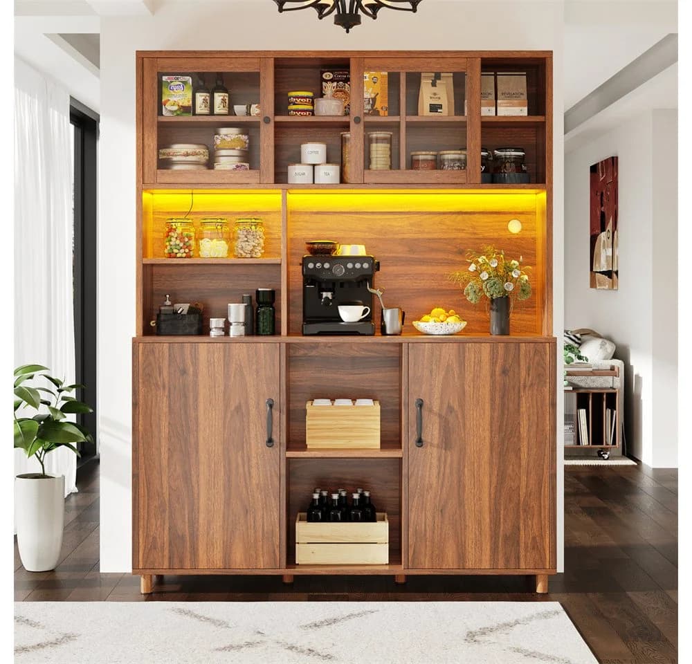 REDOM Hochschrank Standvitrine mit LED-Beleuchtung Walnuss Retro - Bild 3