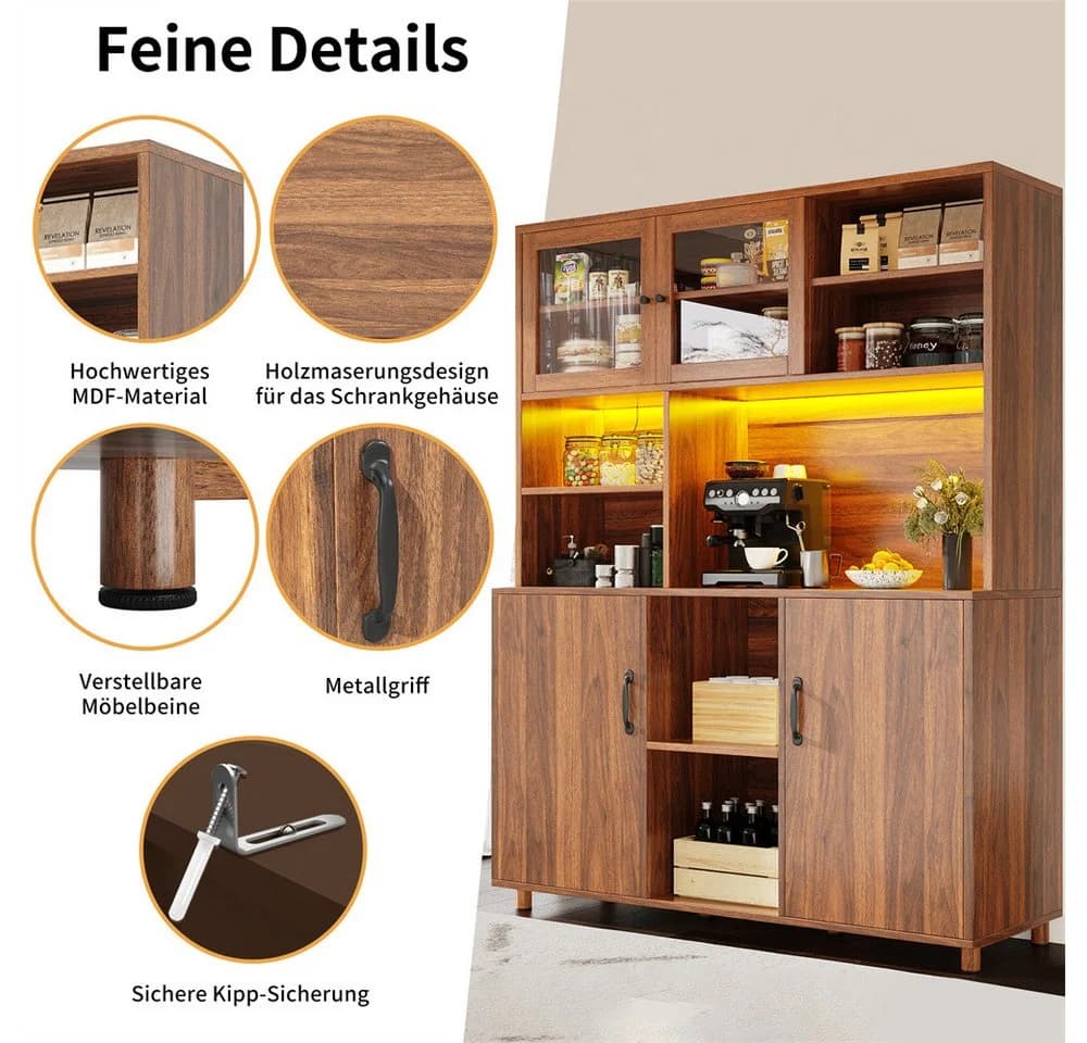 REDOM Hochschrank Standvitrine mit LED-Beleuchtung Walnuss Retro - Bild 5