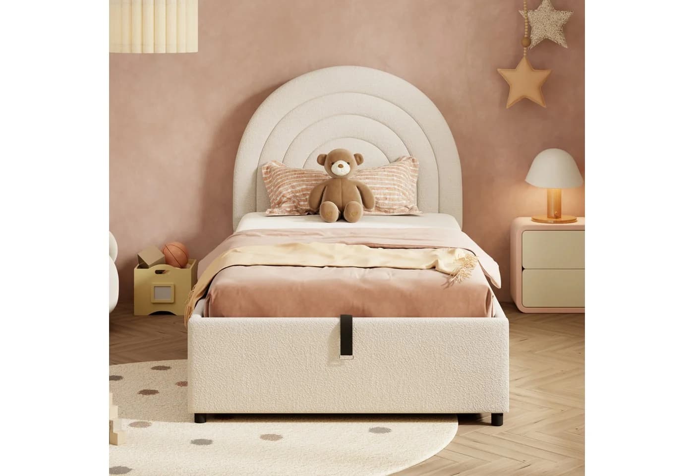 MODFU Polsterbett Stauraumbett Beige Bouclé mit gepolstertem Kopfteil - Bild 3