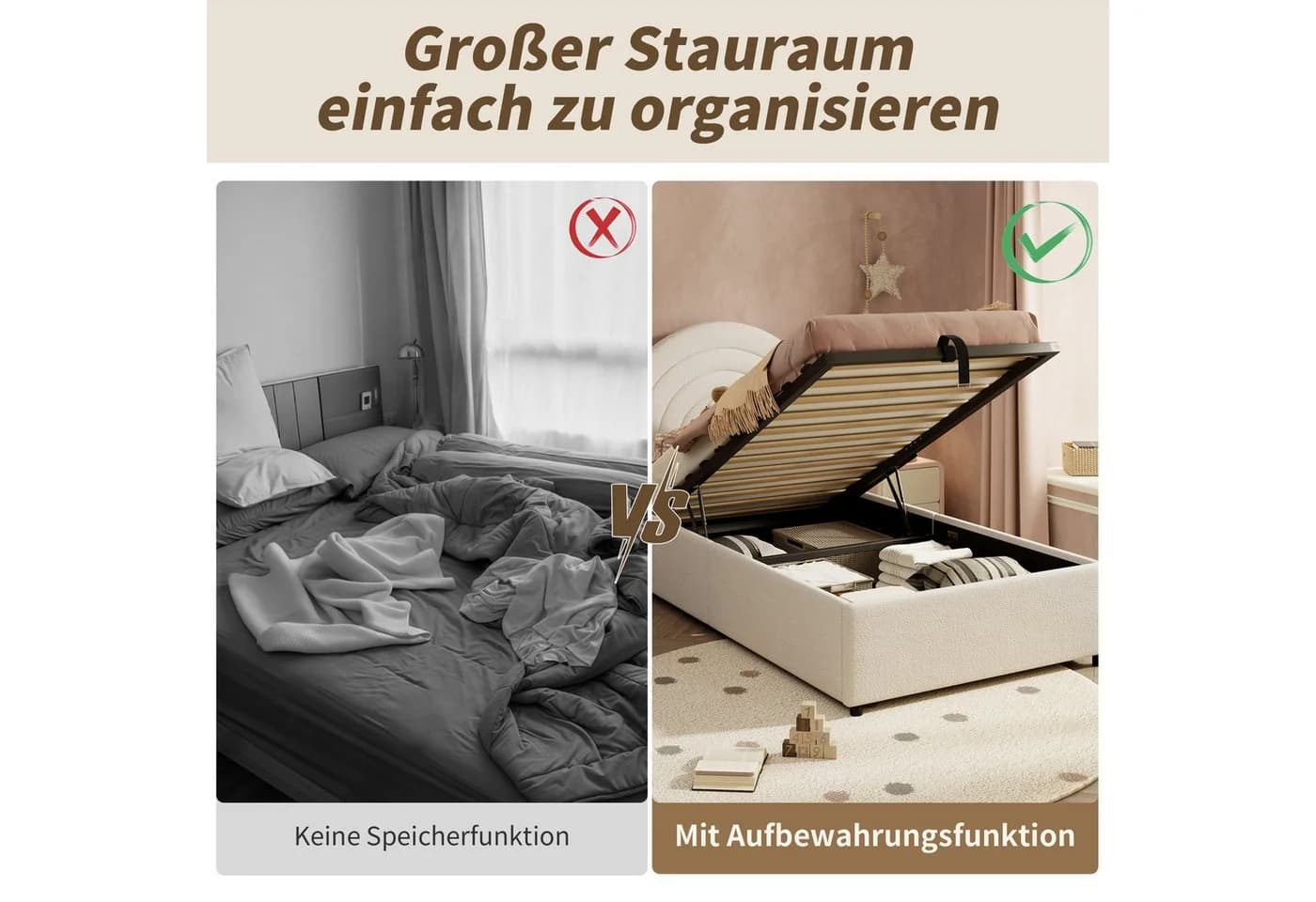 MODFU Polsterbett Stauraumbett Beige Bouclé mit gepolstertem Kopfteil - Bild 4