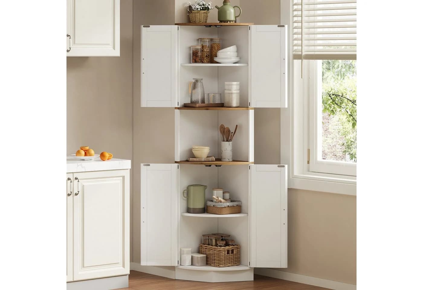 MODFU Eckschrank für Wohnzimmer, Küchen und Essbereiche mit 5 Staufächern, Vintage-Landhausstil - Bild 3