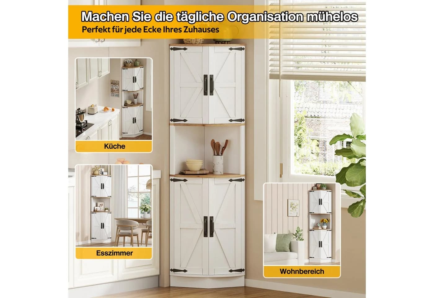 MODFU Eckschrank für Wohnzimmer, Küchen und Essbereiche mit 5 Staufächern, Vintage-Landhausstil - Bild 4