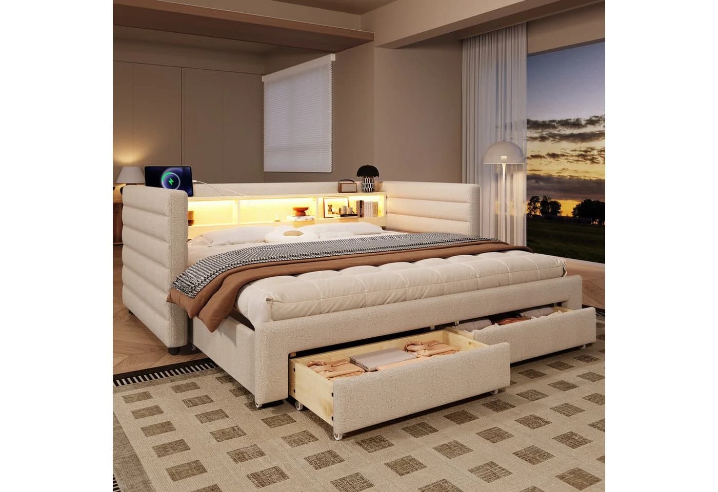 MODFU Schlafsofa inklusive USB- und Typ-C-Anschlüsse, Kinderbett mit multifunktionalem Ausziehbett, LED-Beleuchtung & Stauraum, Polsterbett 90x190 cm & 180x190 cm, ohne Matratze - Bild 2