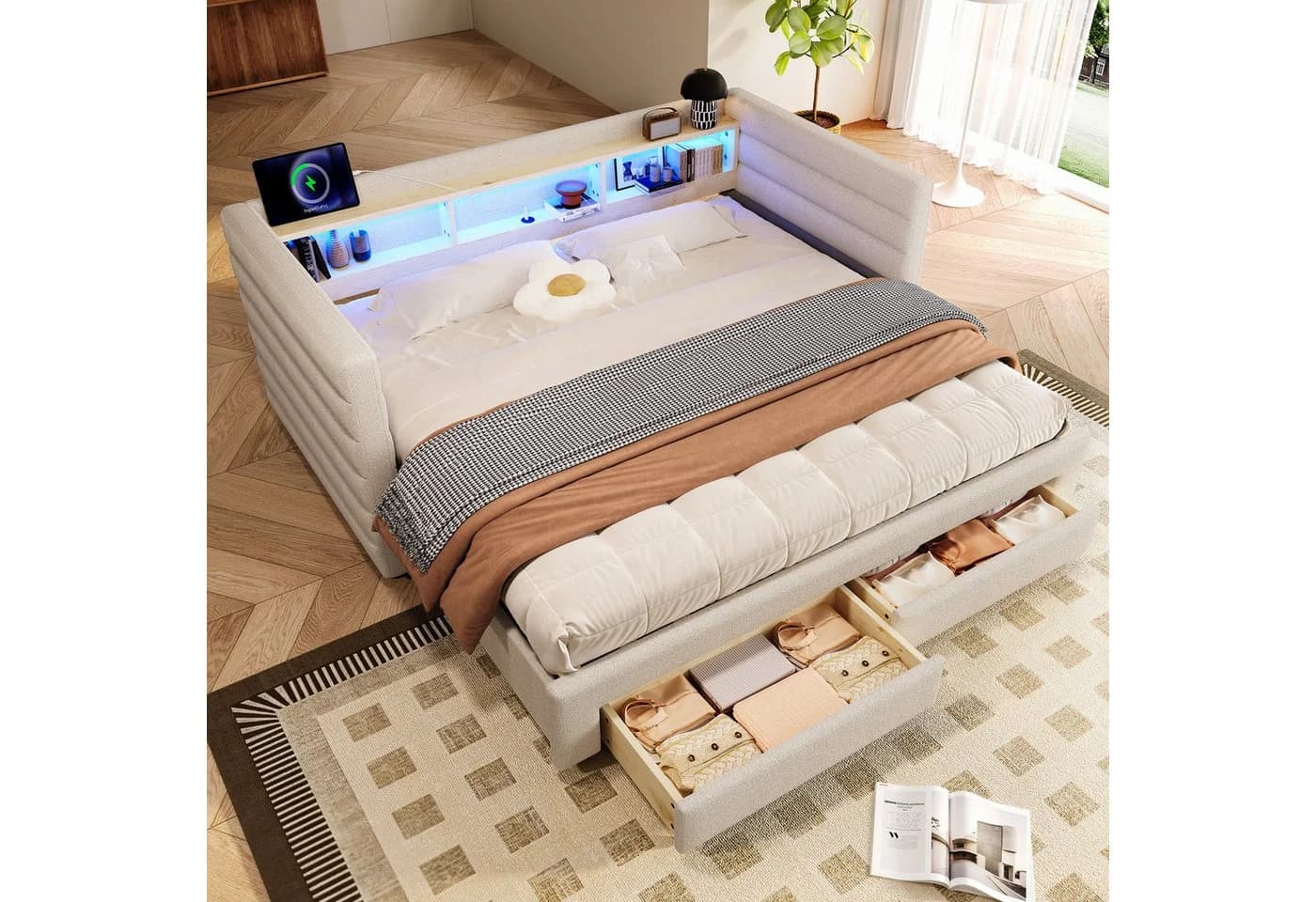 MODFU Schlafsofa inklusive USB- und Typ-C-Anschlüsse, Kinderbett mit multifunktionalem Ausziehbett, LED-Beleuchtung & Stauraum, Polsterbett 90x190 cm & 180x190 cm, ohne Matratze - Bild 3