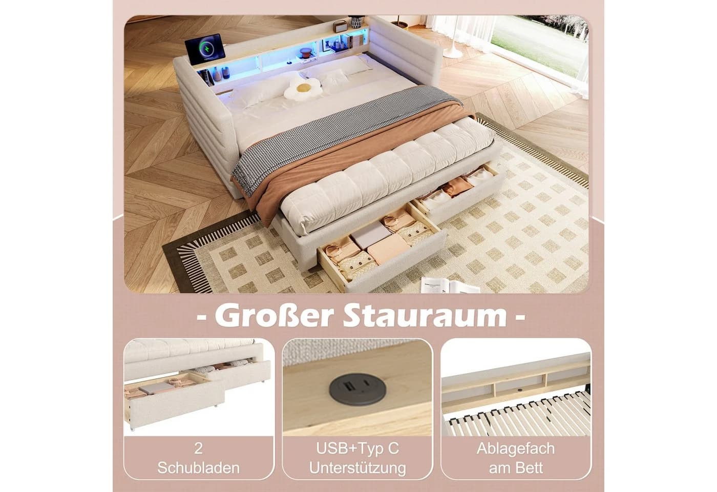 MODFU Schlafsofa inklusive USB- und Typ-C-Anschlüsse, Kinderbett mit multifunktionalem Ausziehbett, LED-Beleuchtung & Stauraum, Polsterbett 90x190 cm & 180x190 cm, ohne Matratze - Bild 4