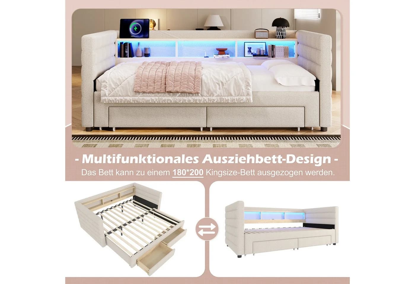 MODFU Schlafsofa inklusive USB- und Typ-C-Anschlüsse, Kinderbett mit multifunktionalem Ausziehbett, LED-Beleuchtung & Stauraum, Polsterbett 90x190 cm & 180x190 cm, ohne Matratze - Bild 5