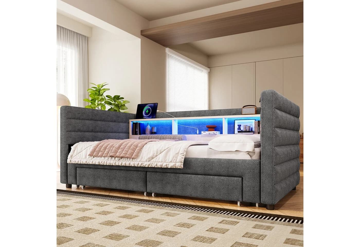 MODFU Schlafsofa inklusive USB- und Typ-C-Anschlüsse, Kinderbett mit multifunktionalem Ausziehbett, LED-Beleuchtung & Stauraum, Polsterbett 90×190 cm & 180x190 cm, ohne Matratze