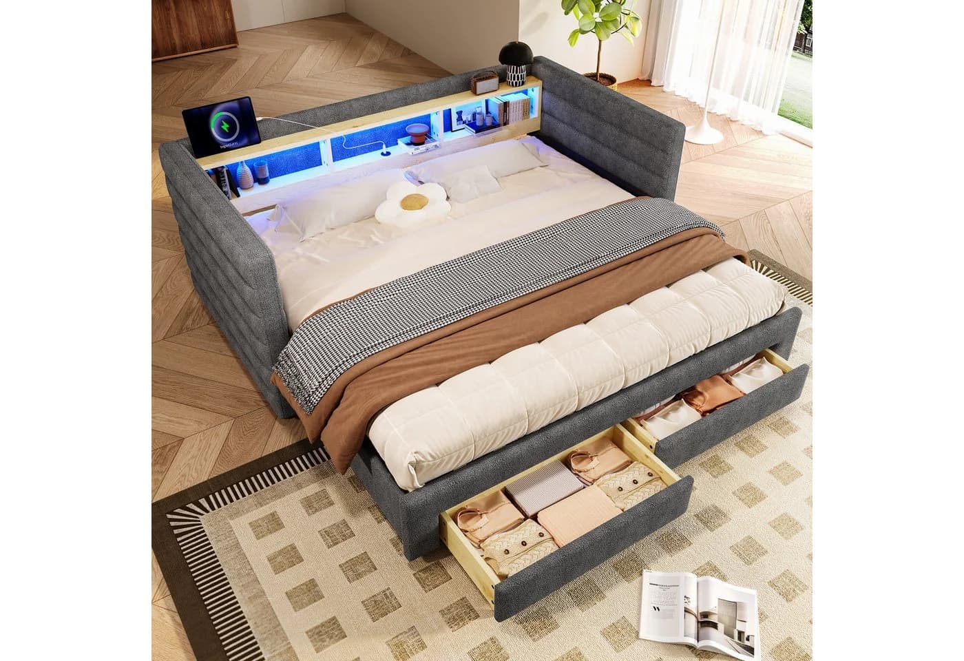MODFU Schlafsofa inklusive USB- und Typ-C-Anschlüsse, Kinderbett mit multifunktionalem Ausziehbett, LED-Beleuchtung & Stauraum, Polsterbett 90×190 cm & 180x190 cm, ohne Matratze - Bild 3