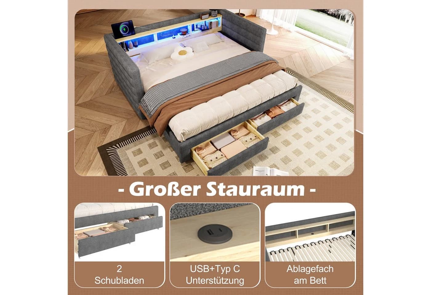 MODFU Schlafsofa inklusive USB- und Typ-C-Anschlüsse, Kinderbett mit multifunktionalem Ausziehbett, LED-Beleuchtung & Stauraum, Polsterbett 90×190 cm & 180x190 cm, ohne Matratze - Bild 4