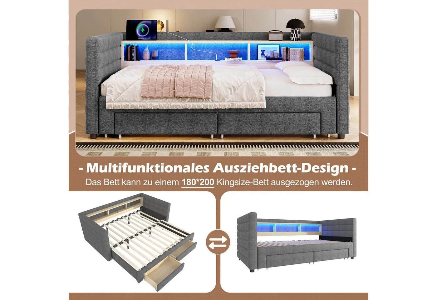 MODFU Schlafsofa inklusive USB- und Typ-C-Anschlüsse, Kinderbett mit multifunktionalem Ausziehbett, LED-Beleuchtung & Stauraum, Polsterbett 90×190 cm & 180x190 cm, ohne Matratze - Bild 5