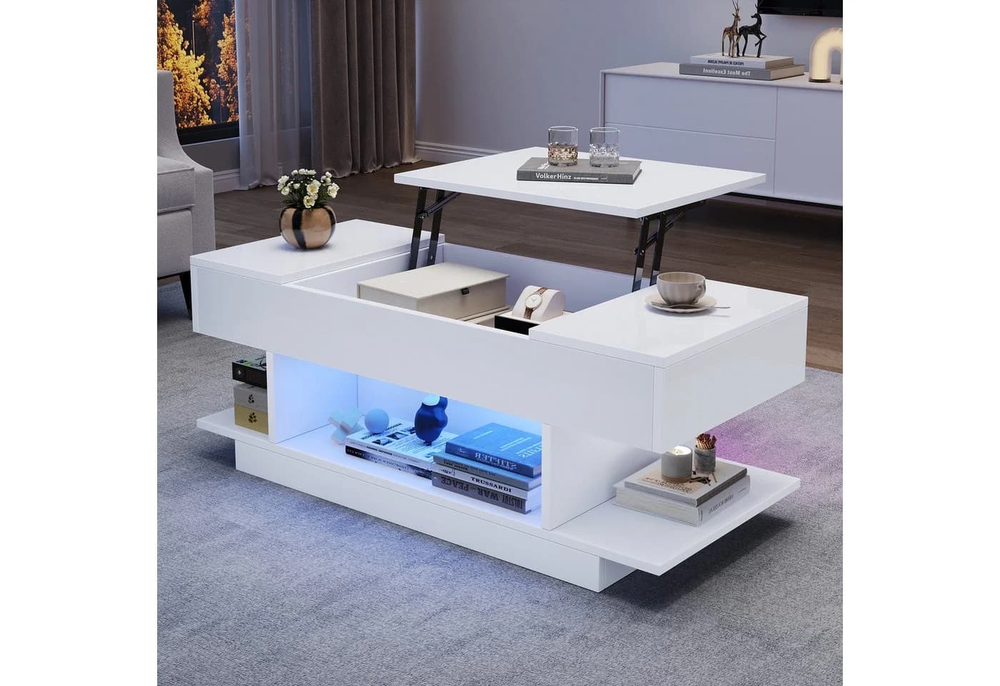 OKWISH Lift-Couchtisch weiß mit LED-Beleuchtung und Klappschränken - Bild 2