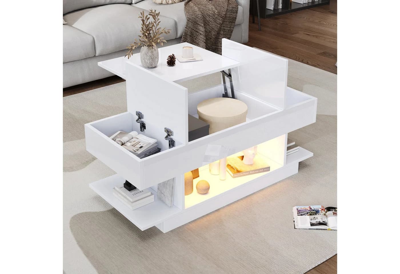 OKWISH Lift-Couchtisch weiß mit LED-Beleuchtung und Klappschränken - Bild 3