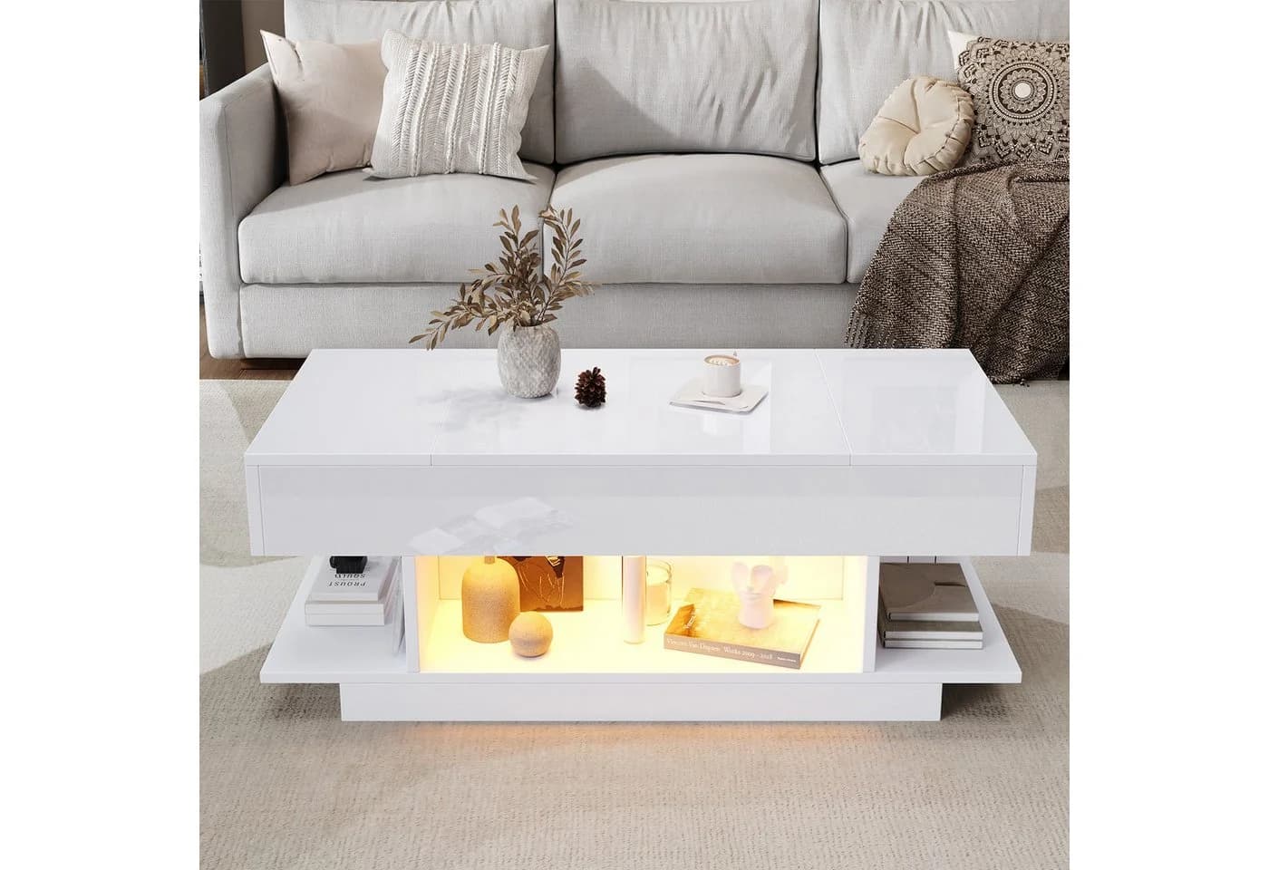 OKWISH Lift-Couchtisch weiß mit LED-Beleuchtung und Klappschränken - Bild 5