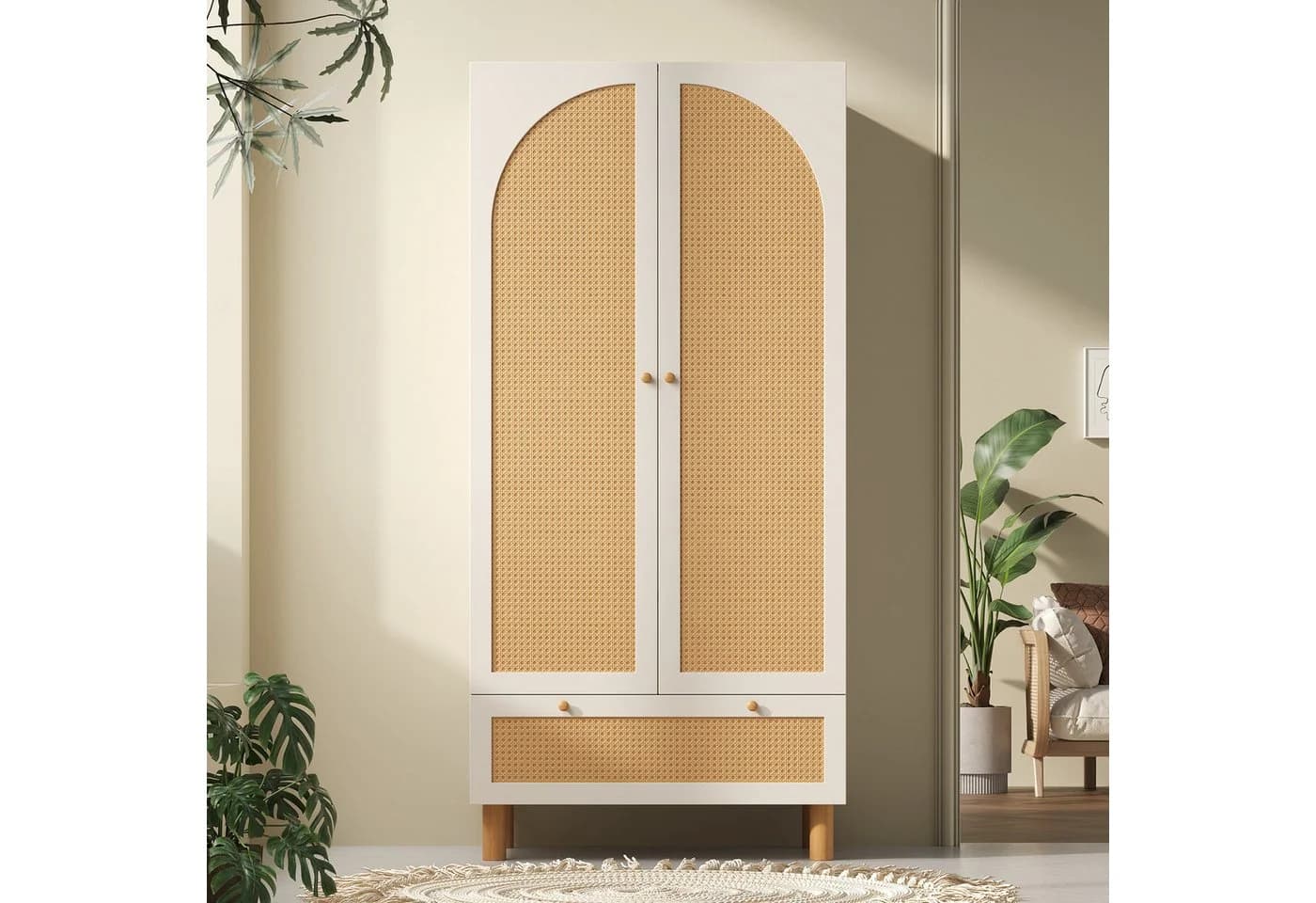 REDOM Kleiderschrank Weiß mit Gelb-Rattan-Dekor - Bild 4