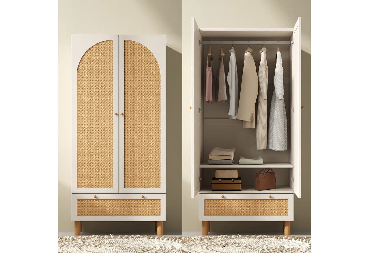 REDOM Kleiderschrank Weiß mit Gelb-Rattan-Dekor - Bild 5