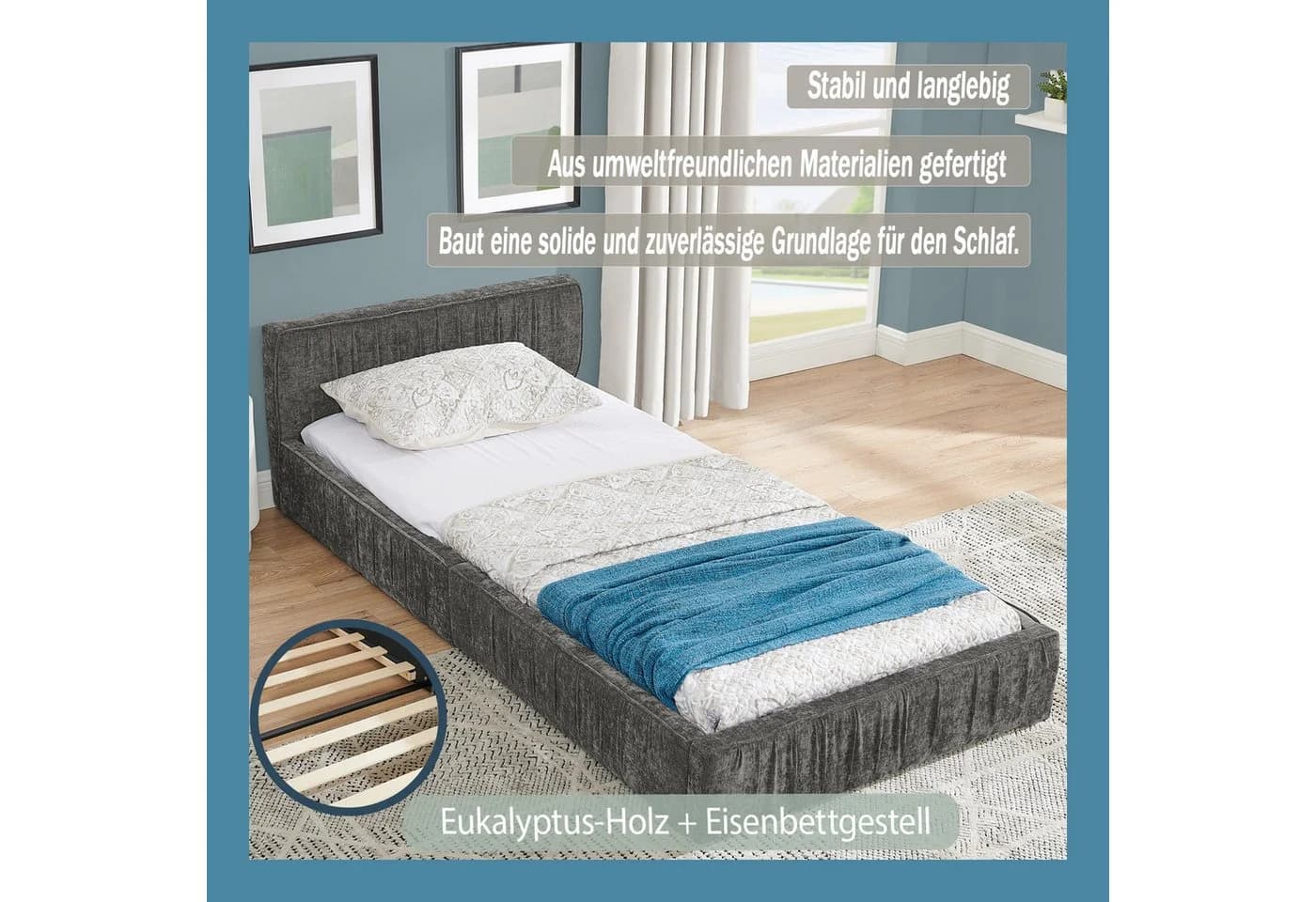 REDOM Polsterbett Einzelbett Schlafbett Jugendbett mit Lattenrost 90x200cm Chenille - Bild 1