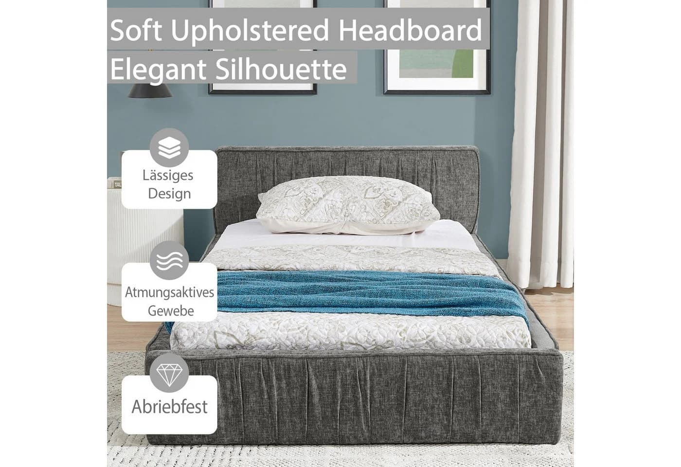 REDOM Polsterbett Einzelbett Schlafbett Jugendbett mit Lattenrost 90x200cm Chenille - Bild 3