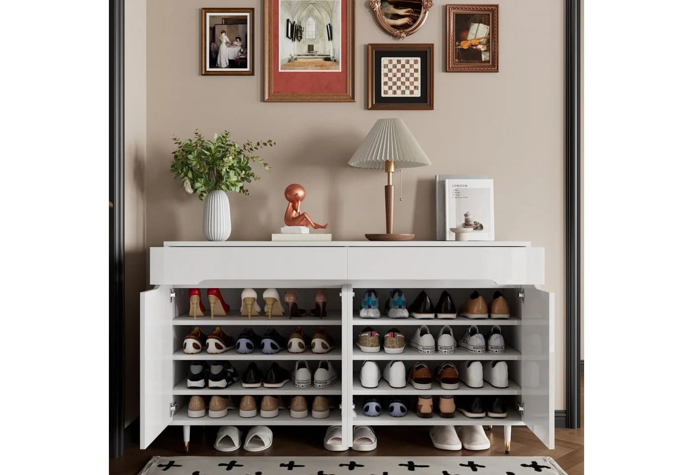 MODFU Schuhschrank Weiß Gold 2 Türen 2 Schubladen - Bild 5