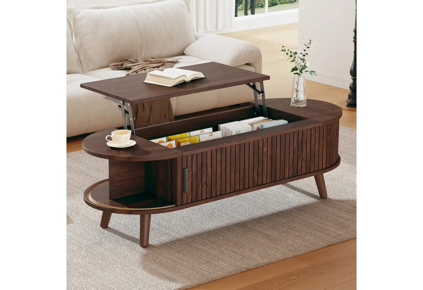 MODFU Couchtisch mit Hubtischfunktion & Stauraum Nussbaum - Bild 5