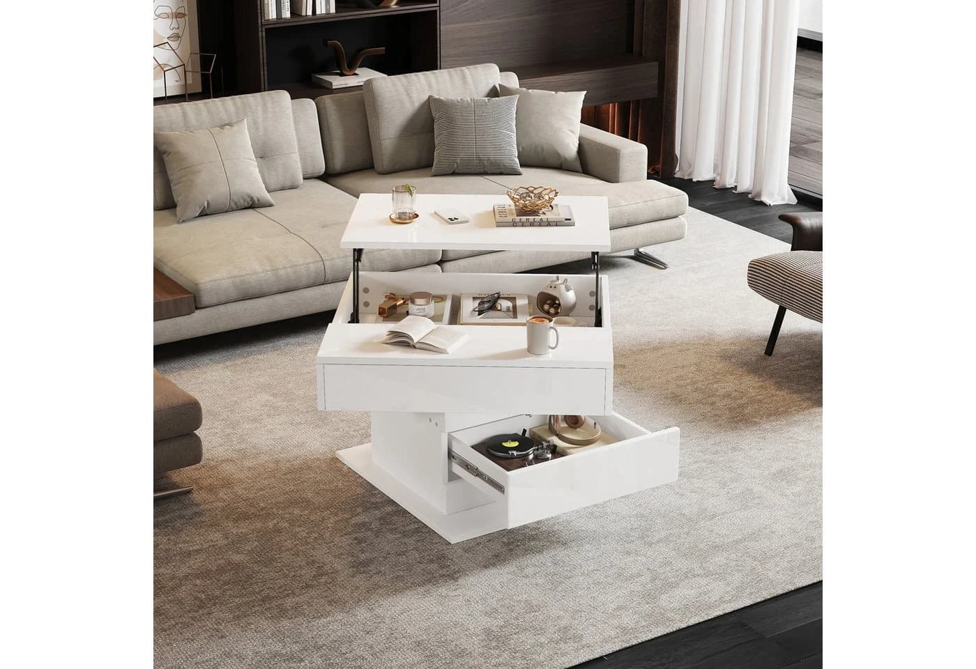 OKWISH Couchtisch Weiß 360° drehbar mit Schublade - Bild 2