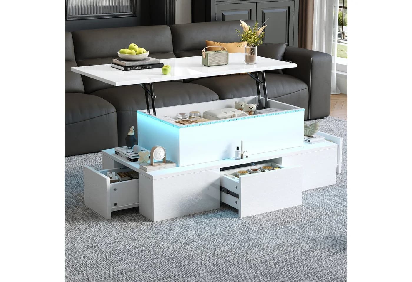 OKWISH Couchtisch anhebbar mit LED und Stauraum Weiß Hochglanz