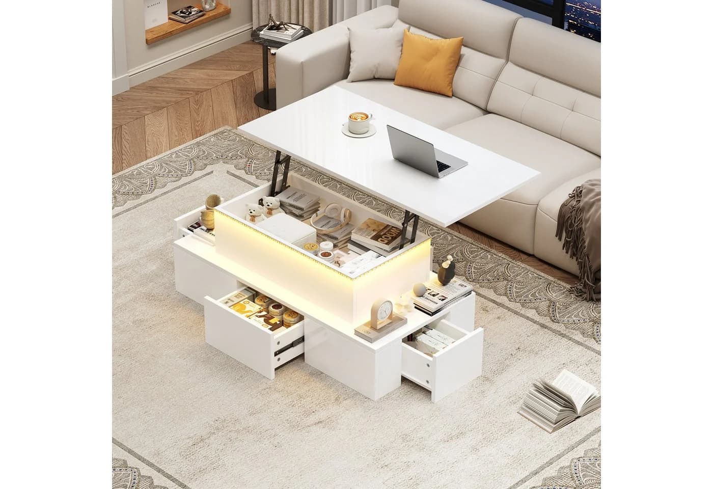 OKWISH Couchtisch anhebbar mit LED und Stauraum Weiß Hochglanz - Bild 2