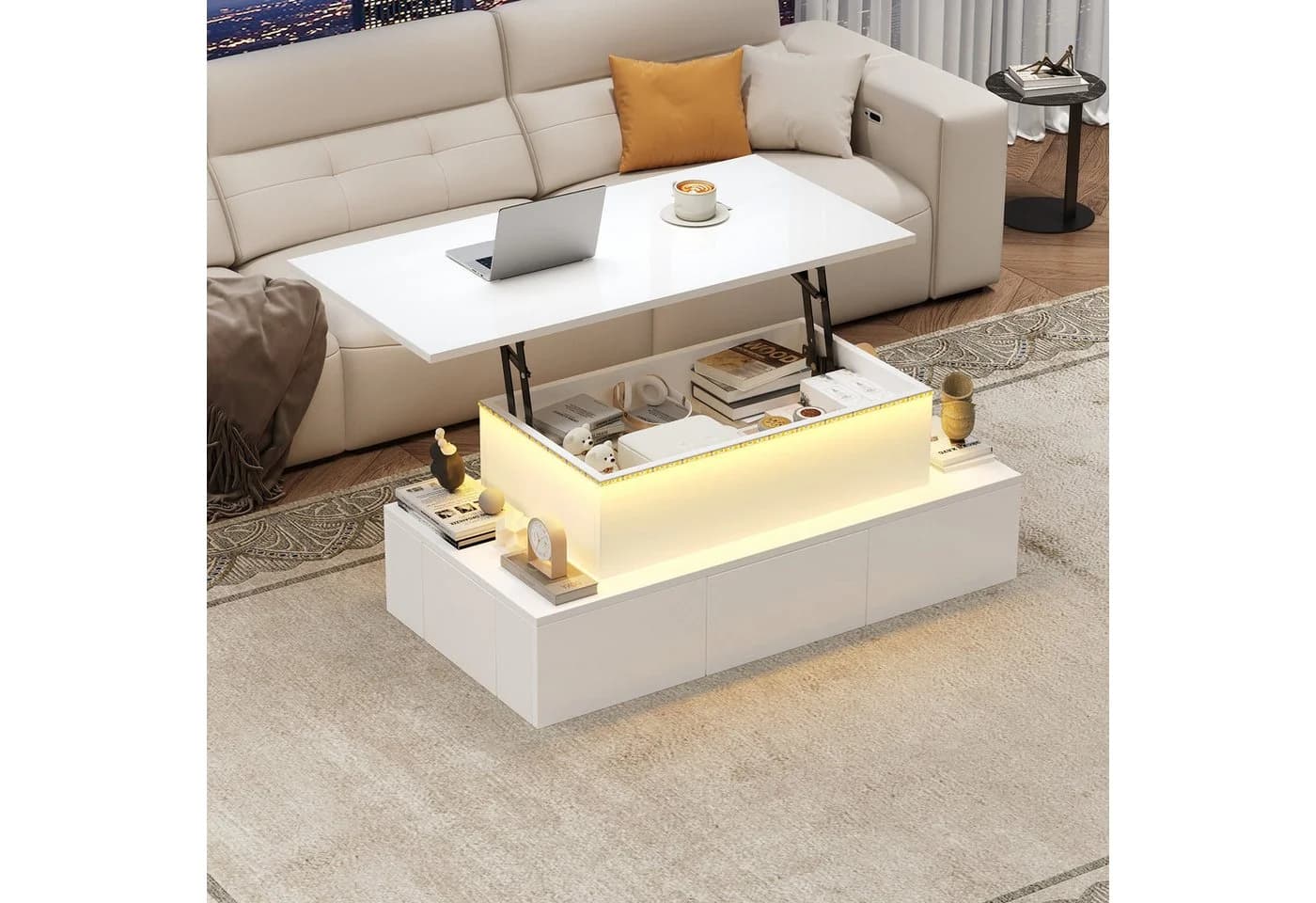 OKWISH Couchtisch anhebbar mit LED und Stauraum Weiß Hochglanz - Bild 3