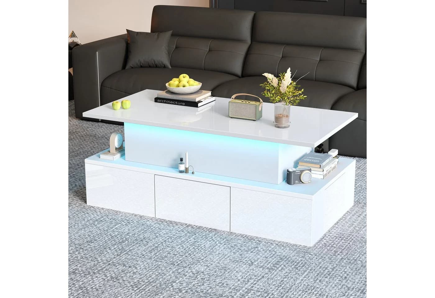 OKWISH Couchtisch anhebbar mit LED und Stauraum Weiß Hochglanz - Bild 4
