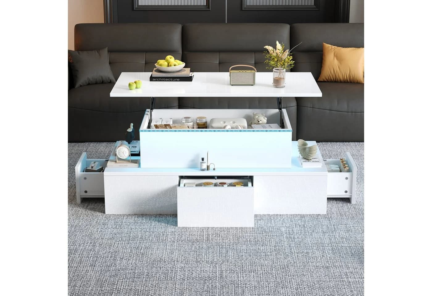 OKWISH Couchtisch anhebbar mit LED und Stauraum Weiß Hochglanz - Bild 5