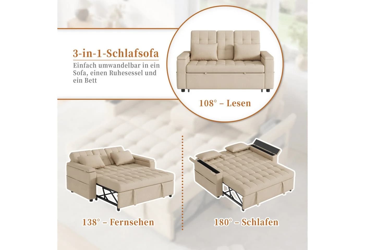 OKWISH Schlafsofa 2-Sitzer Beige mit Stauraum und verstellbarer Rückenlehne