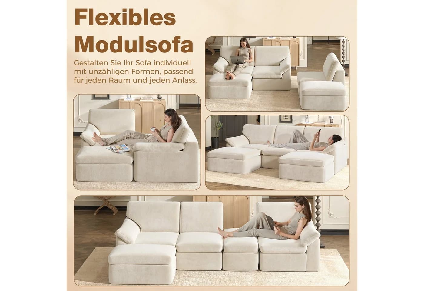 Gywowken Wohnlandschaft Modulares Sofa Beige U-Form Schlafsofa - Bild 4
