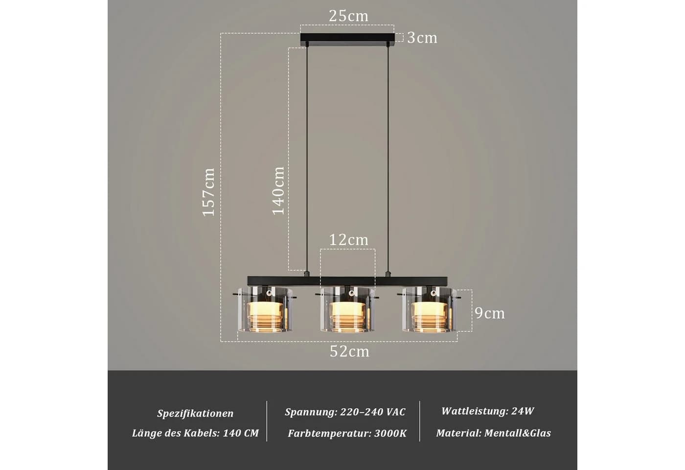 Nettlife LED Pendelleuchte Retro Hängelampe Schwarz Glas 3-flammig - Bild 3