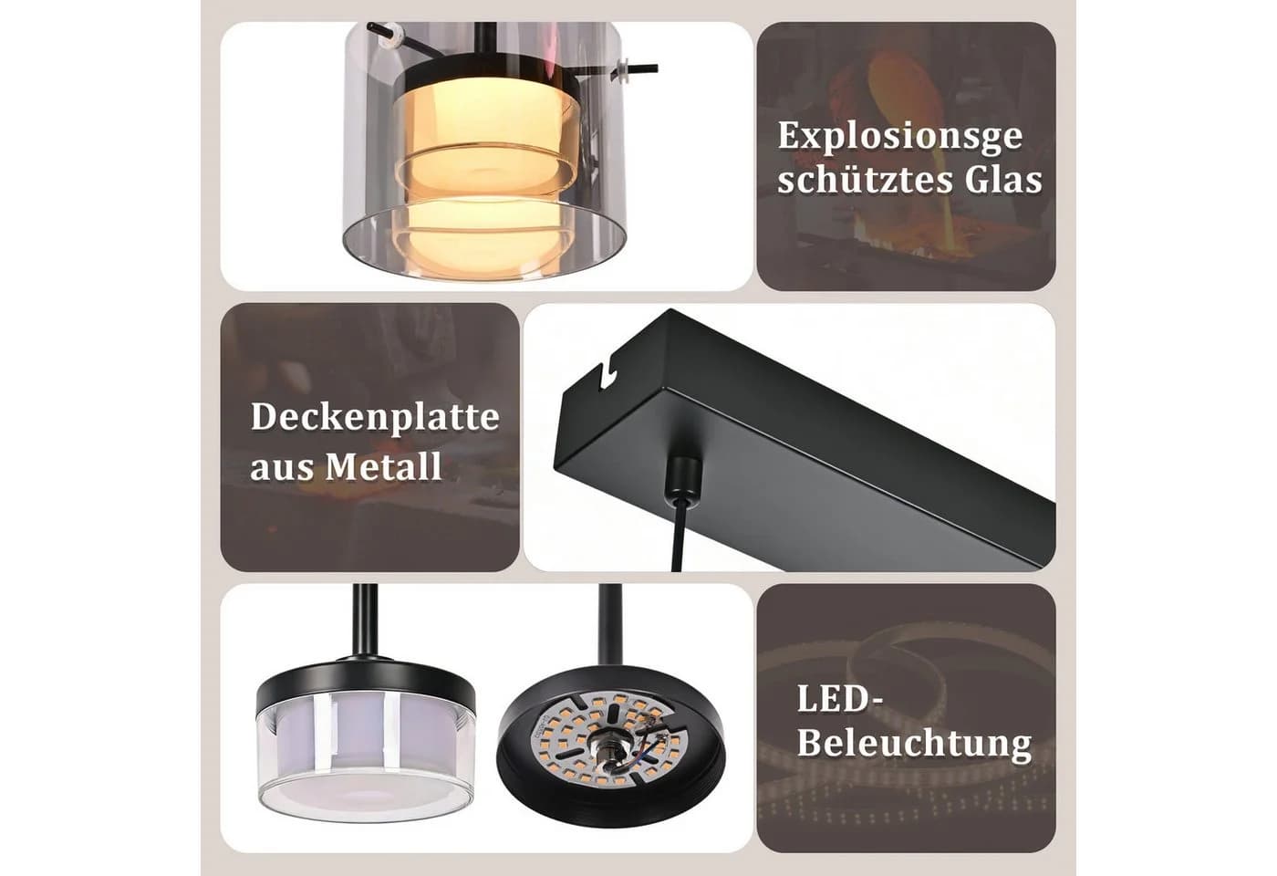 Nettlife LED Pendelleuchte Retro Hängelampe Schwarz Glas 3-flammig - Bild 5