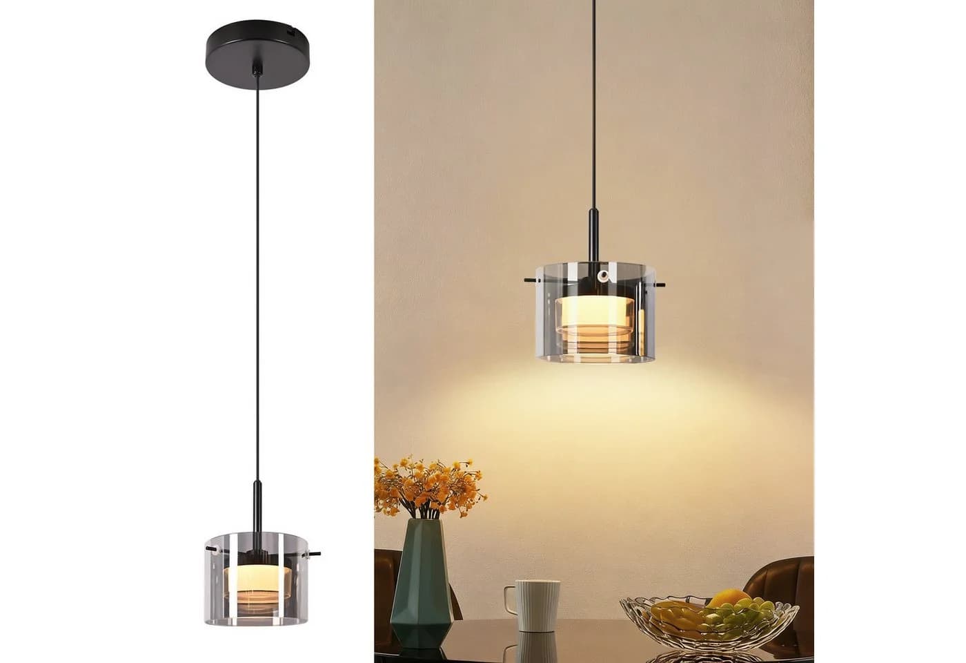 Nettlife LED Pendelleuchte Retro Schwarz Glas 8W Warmweiß - Bild 2