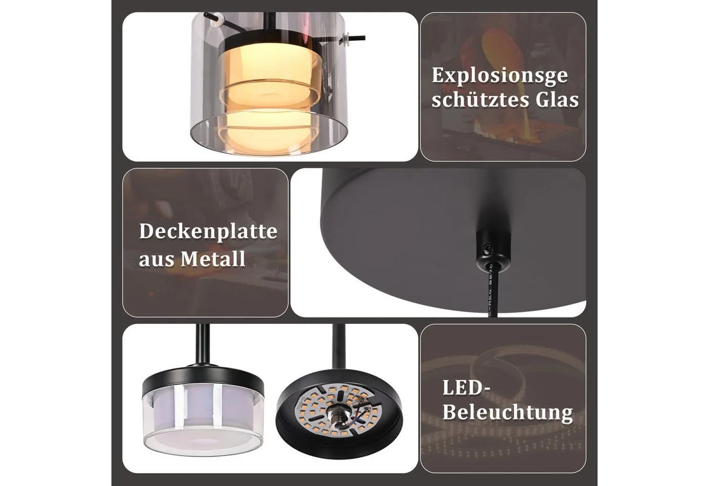 Nettlife LED Pendelleuchte Retro Schwarz Glas 8W Warmweiß - Bild 4