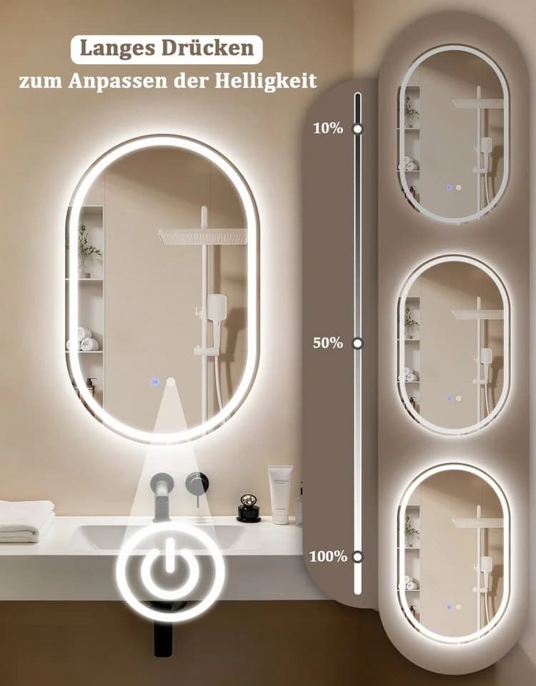 Nettlife Badspiegel Oval 80cm mit LED Beleuchtung, Entfogger & Touch Schalter