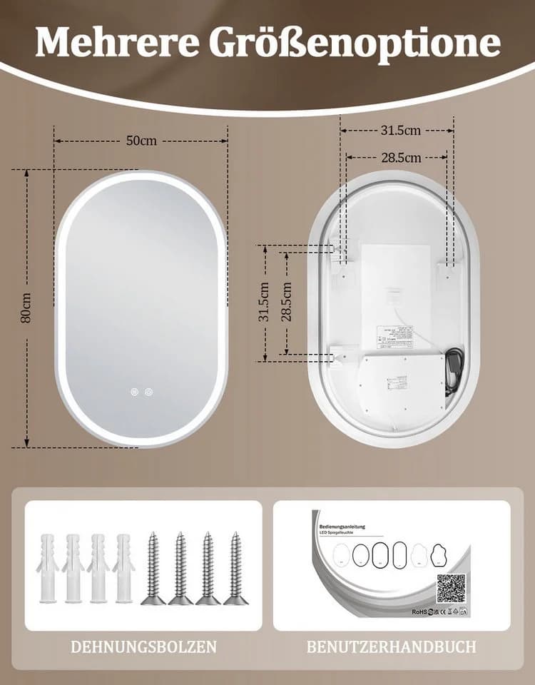 Nettlife Badspiegel Oval 80cm mit LED Beleuchtung, Entfogger & Touch Schalter - Bild 3