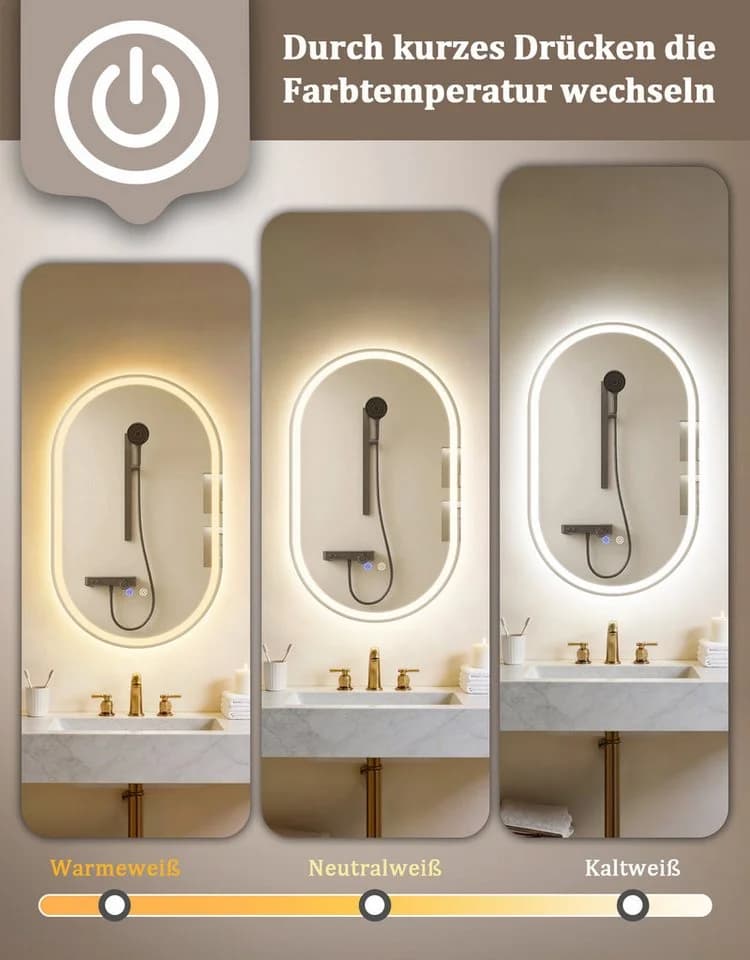 Nettlife Badspiegel Oval 80cm mit LED Beleuchtung, Entfogger & Touch Schalter - Bild 4