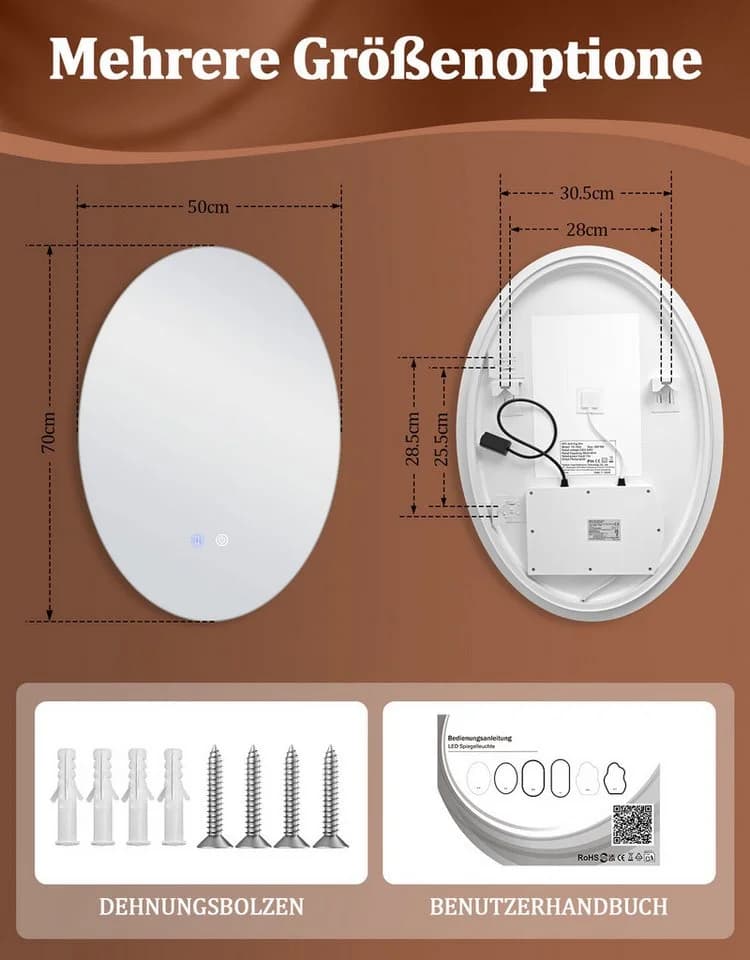 Nettlife Badspiegel Oval mit Beleuchtung, Touch-Steuerung & Entfogger-Funktion - Bild 3